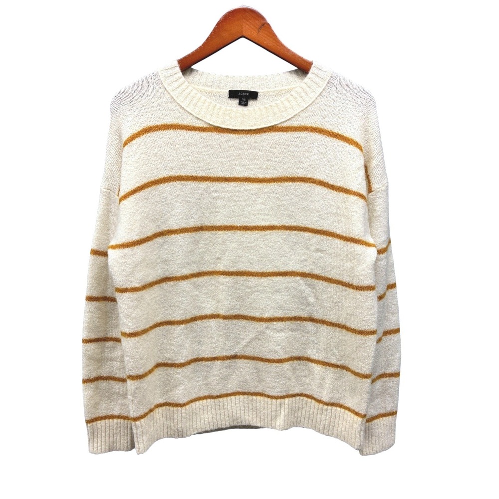 J.Crew Striped Alpaca Crewneck Sweater Womens XS Cream Pullover Fuzzy Knit Cozy
